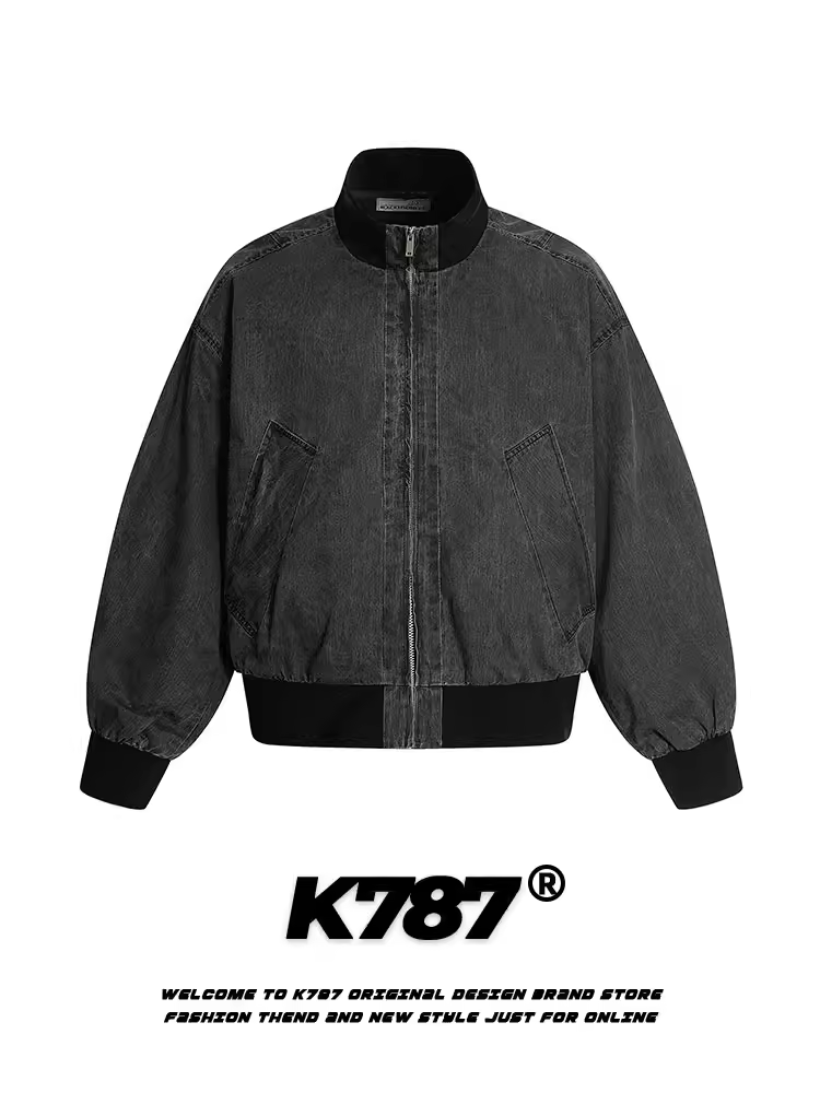 Áo khoác ngắn kiểu đường phố Mỹ K787, chất liệu vintage đã qua xử lý, unisex, dáng ôm, cổ đứng, phong cách biker, áo đôi mùa thu