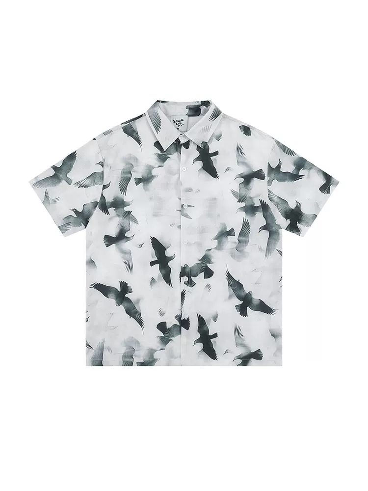 K787 nghệ thuật in hình chim bồ câu hòa bình đi biển áo sơ mi ngắn tay giản dị unisex phong cách đường phố Mỹ áo cardigan đa năng nửa tay
