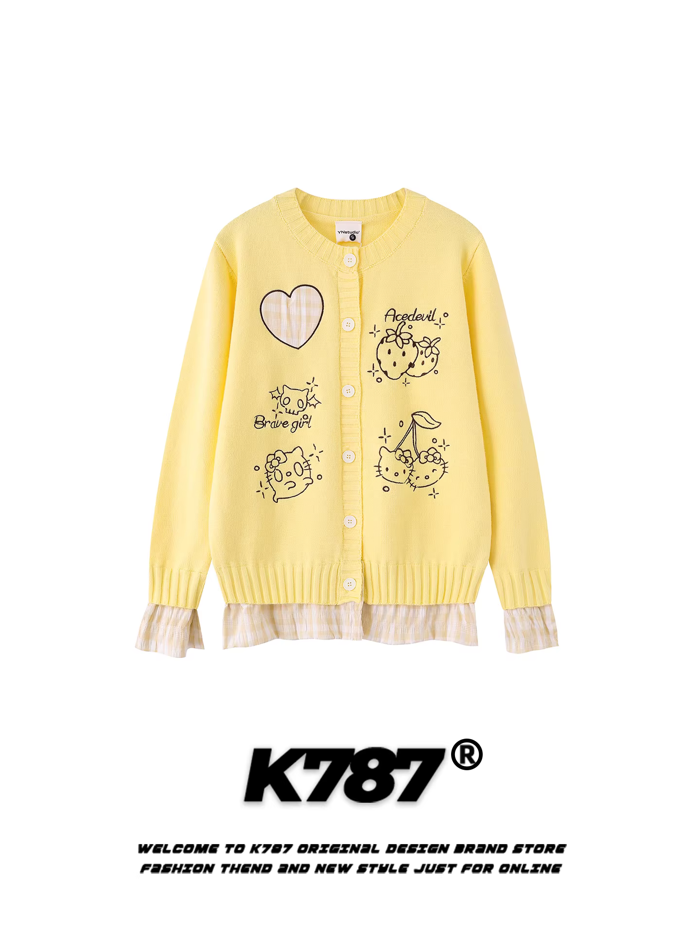 K787 Áo len cardigan kiểu Mỹ cổ điển hình mèo áo khoác giả hai mảnh phong cách đại học cô gái ngọt ngào áo len ngắn dệt kim