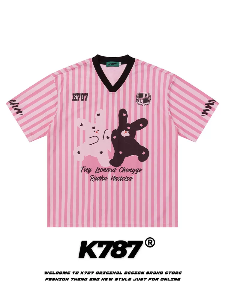 K787 Áo thun thể thao tay ngắn in hình thỏ ngộ nghĩnh phong cách đường phố Mỹ, áo thun unisex blokecore dáng rộng, áo thun thể thao ngắn tay