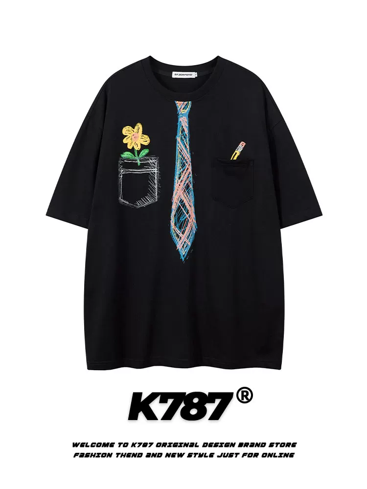 K787 Áo thun ngắn tay in hình cà vạt giả cổ điển kiểu Mỹ dành cho nam và nữ, áo cặp đôi đa năng phong cách đại học