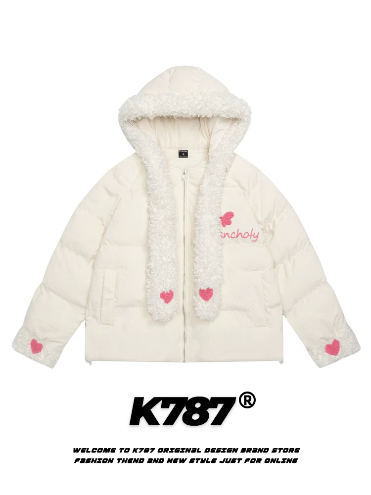 Áo khoác cotton dày dặn phong cách retro Mỹ K787, có cổ lông, áo khoác cotton có mũ trùm đầu thêu hình trái tim dễ thương, unisex, kèm khăn quàng cổ