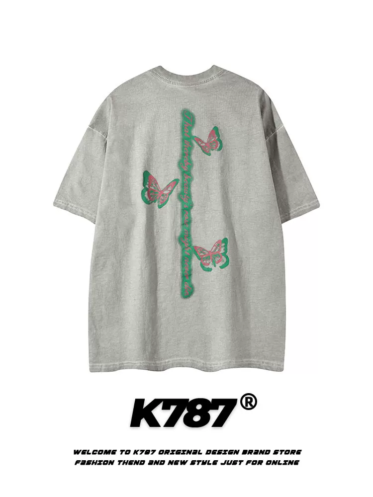 K787 Áo thun ngắn tay họa tiết graffiti bướm cổ điển của Mỹ dành cho nam và nữ áo thun oversize đa năng áo thun đôi dáng rộng