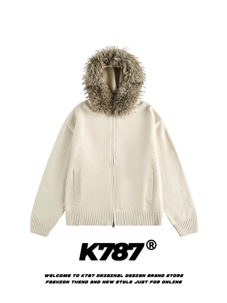 Áo khoác cardigan len dệt kim dáng rộng, có mũ trùm đầu, cổ lông tháo rời, kiểu dáng cổ điển Mỹ, unisex, màu trơn, mã K787