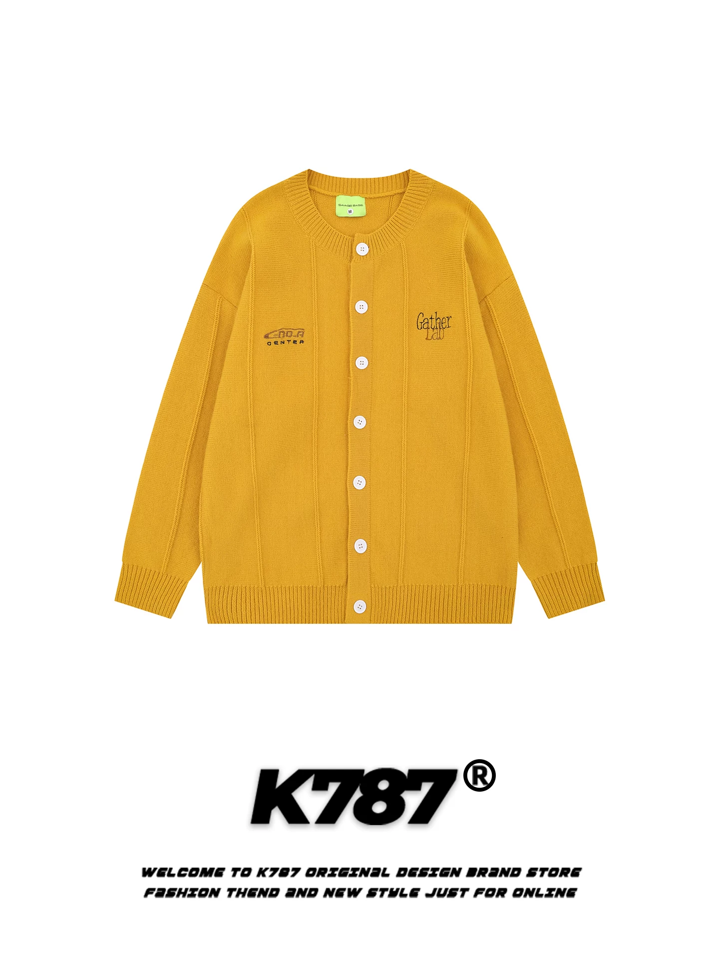 Áo cardigan len dệt kim dáng rộng ấm áp màu nghệ tây, cổ tròn, thêu chữ kiểu Mỹ, unisex, thời trang, mã K787