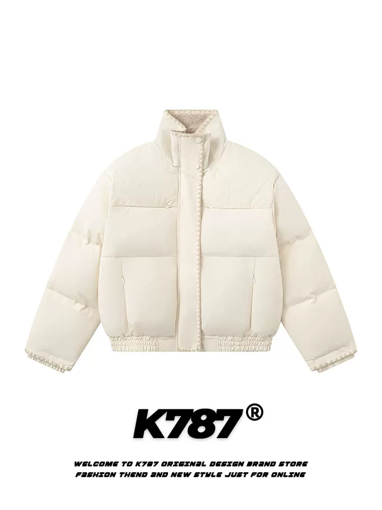 Áo khoác phao ngắn kiểu Mỹ cổ điển K787, chất liệu cotton dày dặn có cổ lông, dành cho nam và nữ, màu trơn đa năng, mùa đông 2024