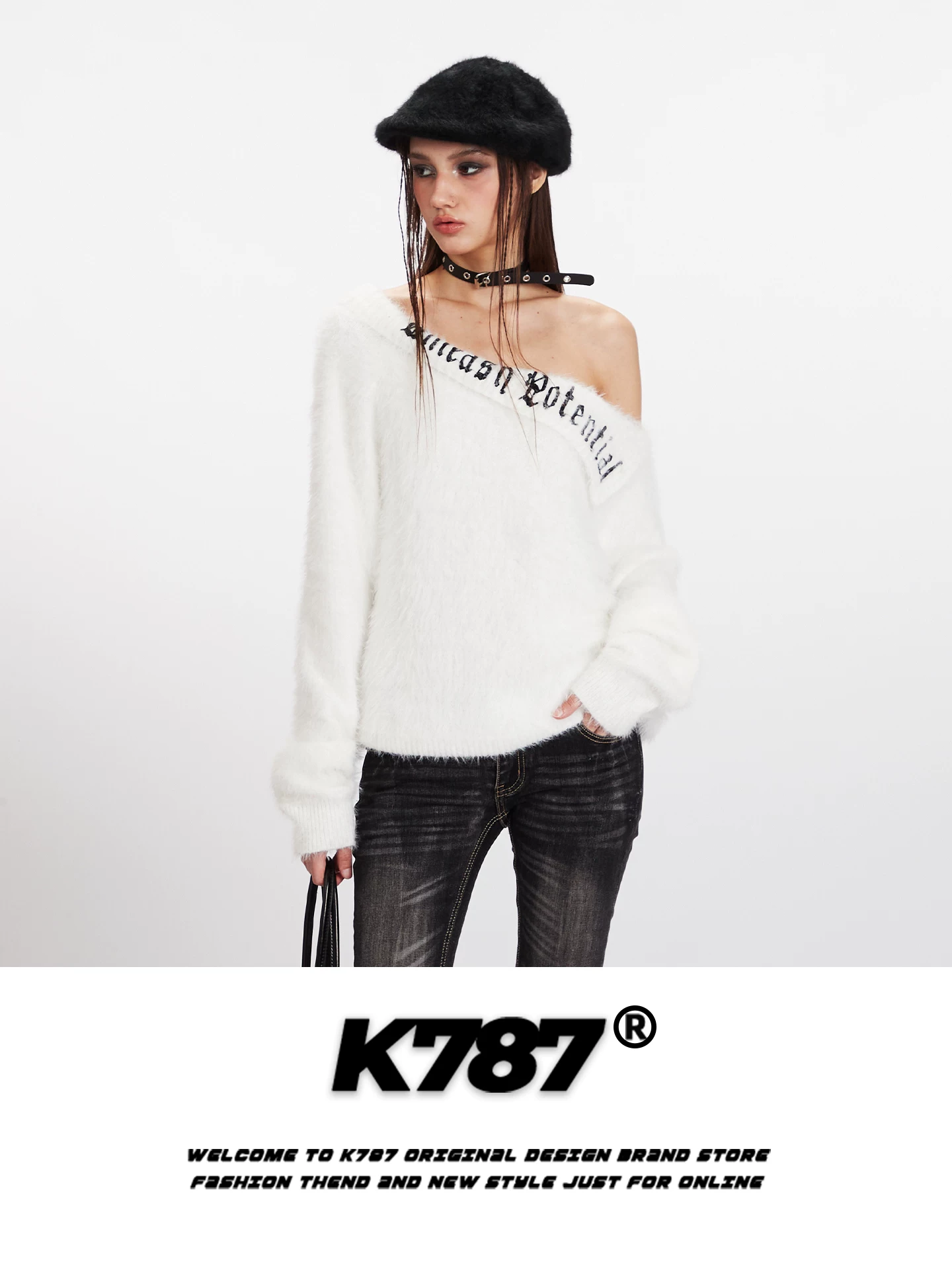 Áo len trễ vai giả mohair kiểu Mỹ K787 dành cho nữ, mềm mại và trẻ trung, tôn dáng, ấm áp, áo len ngắn hở vai