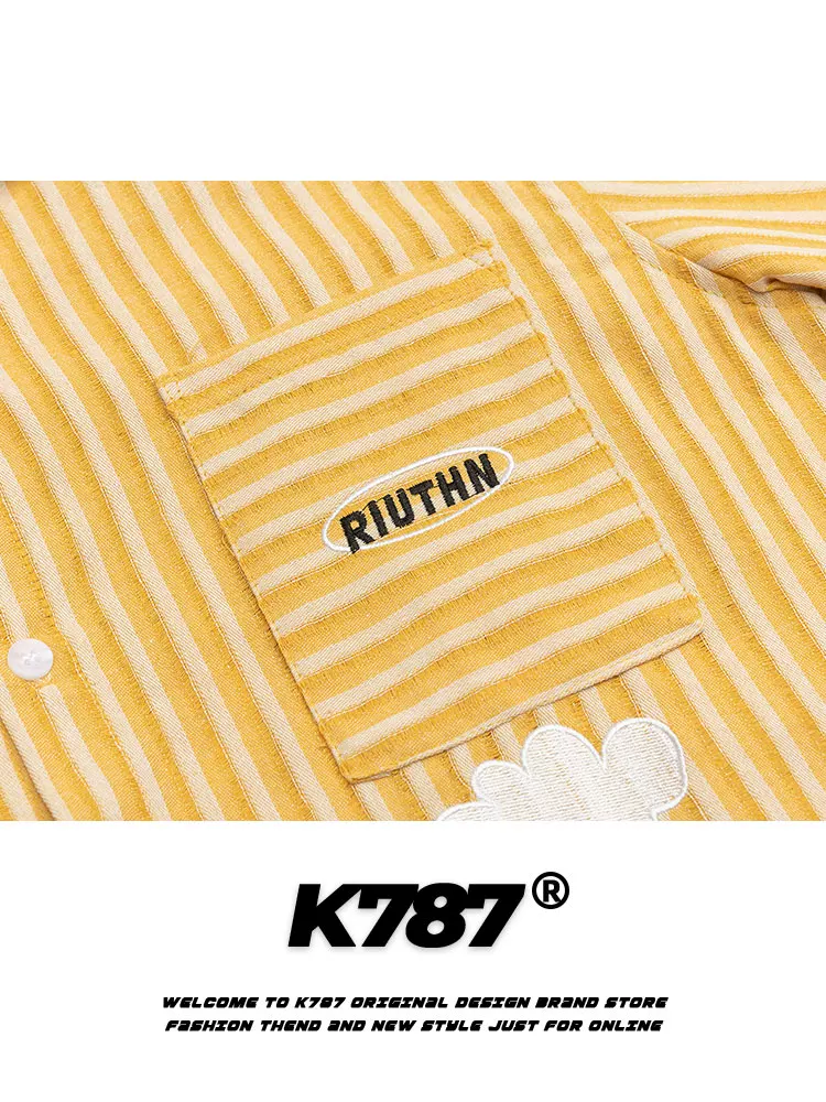 K787 Mỹ retro thêu mèo vui nhộn áo sơ mi ngắn tay unisex sọc đa năng phong cách đại học cardigan nửa tay mùa hè