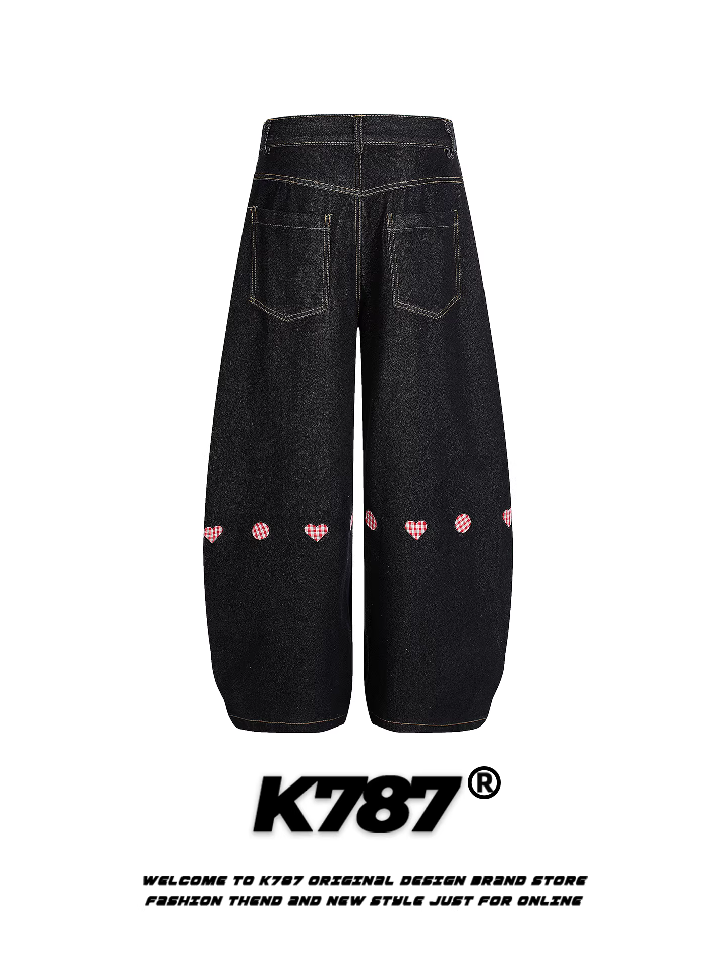 Quần jeans unisex dáng rộng cạp cao phong cách đường phố Mỹ K787, thêu hình trái tim, chất liệu denim, kiểu dáng thời trang, giặt mài.