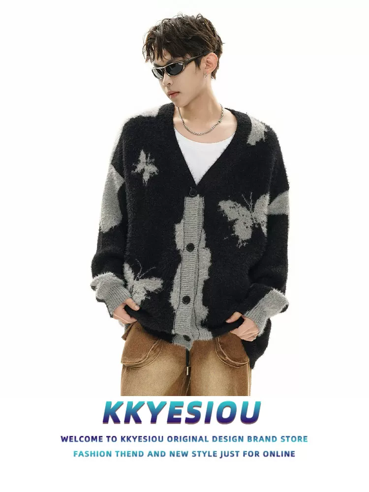 Áo len dệt kim kiểu dáng lười biếng phong cách retro Mỹ của thương hiệu KKyesiou, unisex, kiểu vintage, áo cardigan đôi.