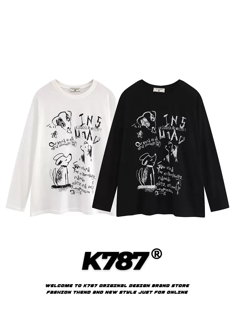 K787 Áo thun họa tiết graffiti phong cách retro quốc gia của Mỹ dành cho nữ, phong cách đường phố đa năng phong cách lười biếng áo mùa xuân