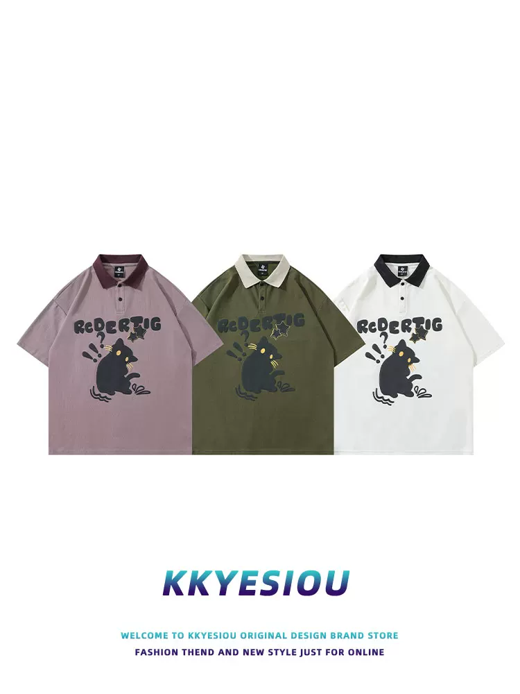 Áo sơ mi POLO ngắn tay in hình mèo phong cách Nhật Bản KKyesiou dành cho nam và nữ, áo đôi rộng rãi và đa năng