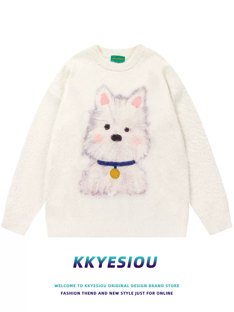 Áo len dệt kim kiểu Nhật Bản KKyesiou, họa tiết chó dễ thương, phong cách đại học, unisex, dáng rộng, áo đôi vui nhộn