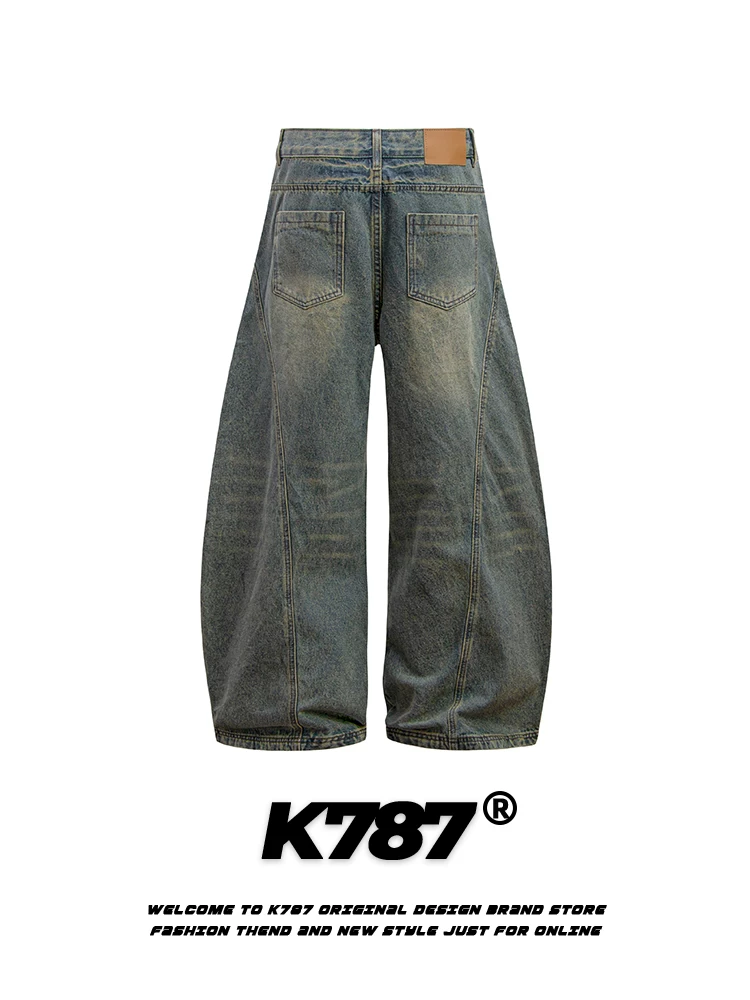 K787 Quần denim kiểu Mỹ cổ điển kiểu Trung Quốc được giặt và làm cũ dành cho nam và nữ, quần ống rộng phong cách hip-hop cỡ lớn