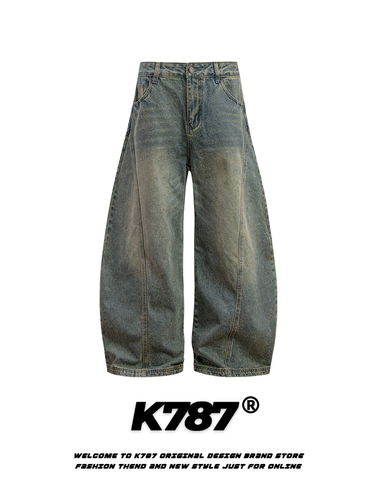 K787 Quần denim kiểu Mỹ cổ điển kiểu Trung Quốc được giặt và làm cũ dành cho nam và nữ, quần ống rộng phong cách hip-hop cỡ lớn