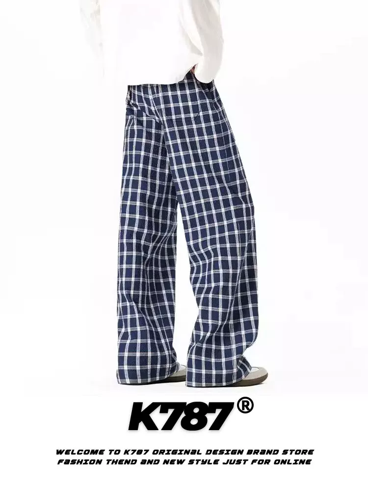 K787 Quần thể thao thông thường kẻ sọc đen trắng cổ điển kiểu Mỹ dành cho nam và nữ, quần ống đứng đa năng có dây rút lưng cao