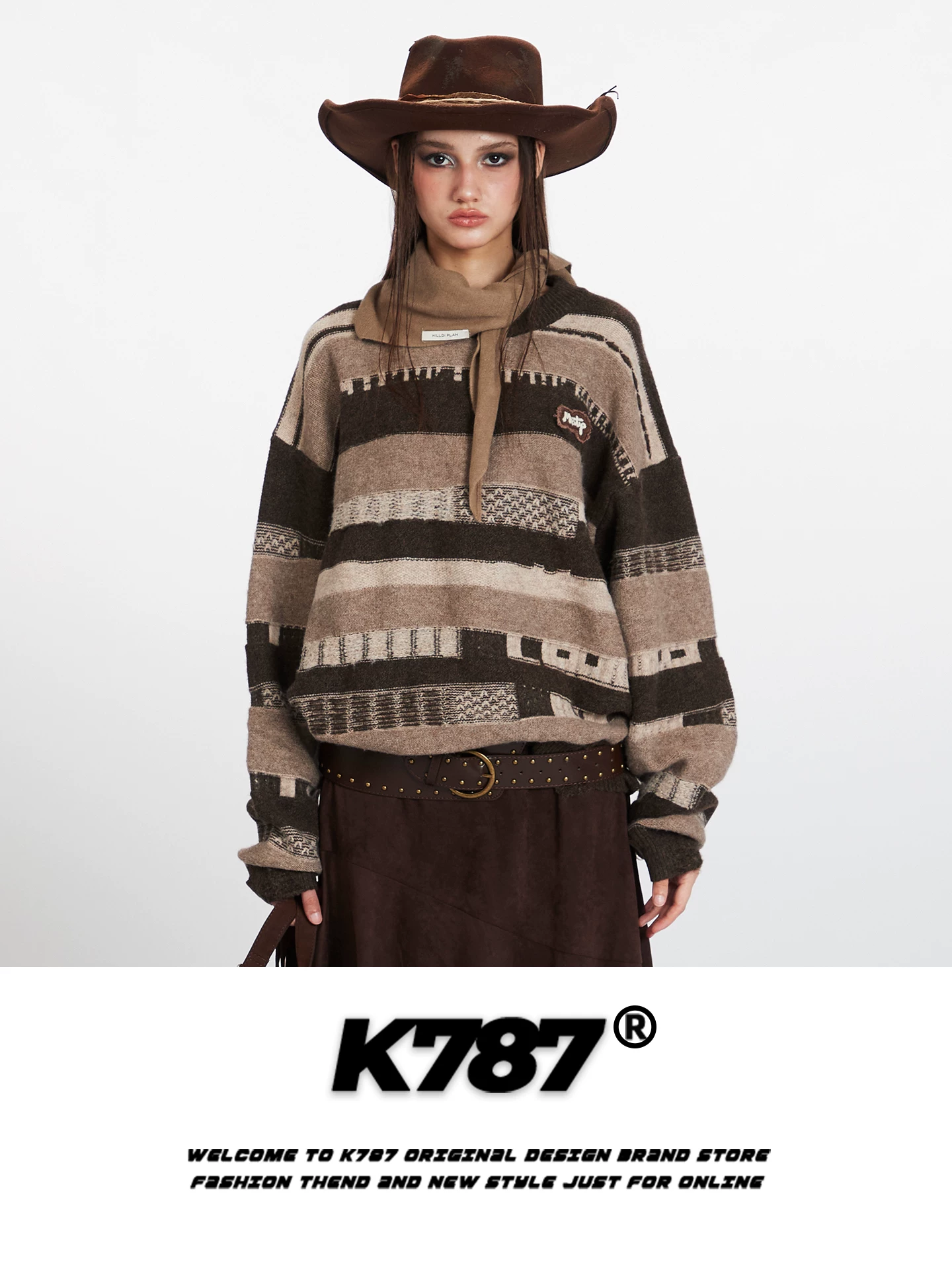 Áo len dệt kim cổ tròn phối màu retro kiểu Mỹ K787 dành cho nam và nữ, dáng rộng, kiểu cũ kỹ, ấm áp, phong cách lười biếng, áo len đôi.