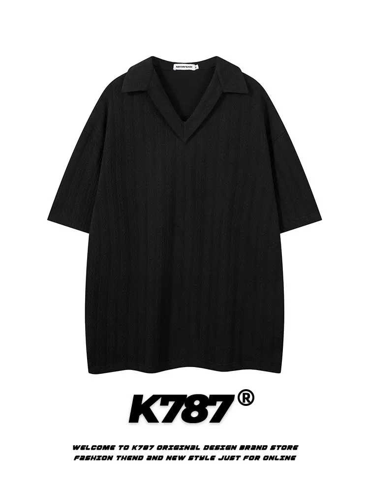 K787 Áo sơ mi POLO họa tiết tối màu phong cách retro Mỹ dành cho nam và nữ, áo thun ngắn tay cổ chữ V đa năng, dáng rộng, phong cách đường phố