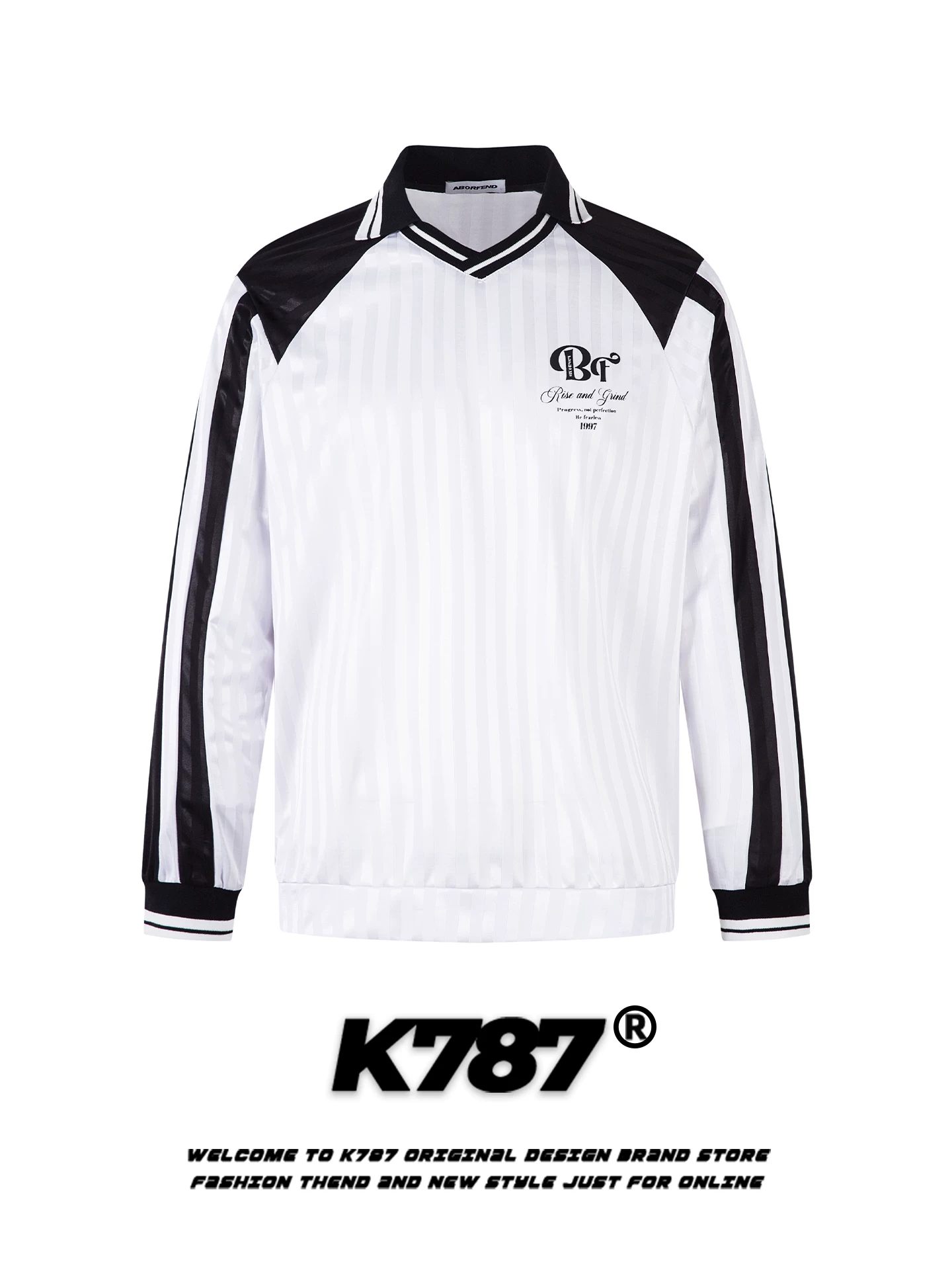 K787 Áo thun dài tay có cổ sọc dọc theo phong cách retro của Mỹ unisex phong cách thể thao jersey màu khối áo đôi dáng rộng