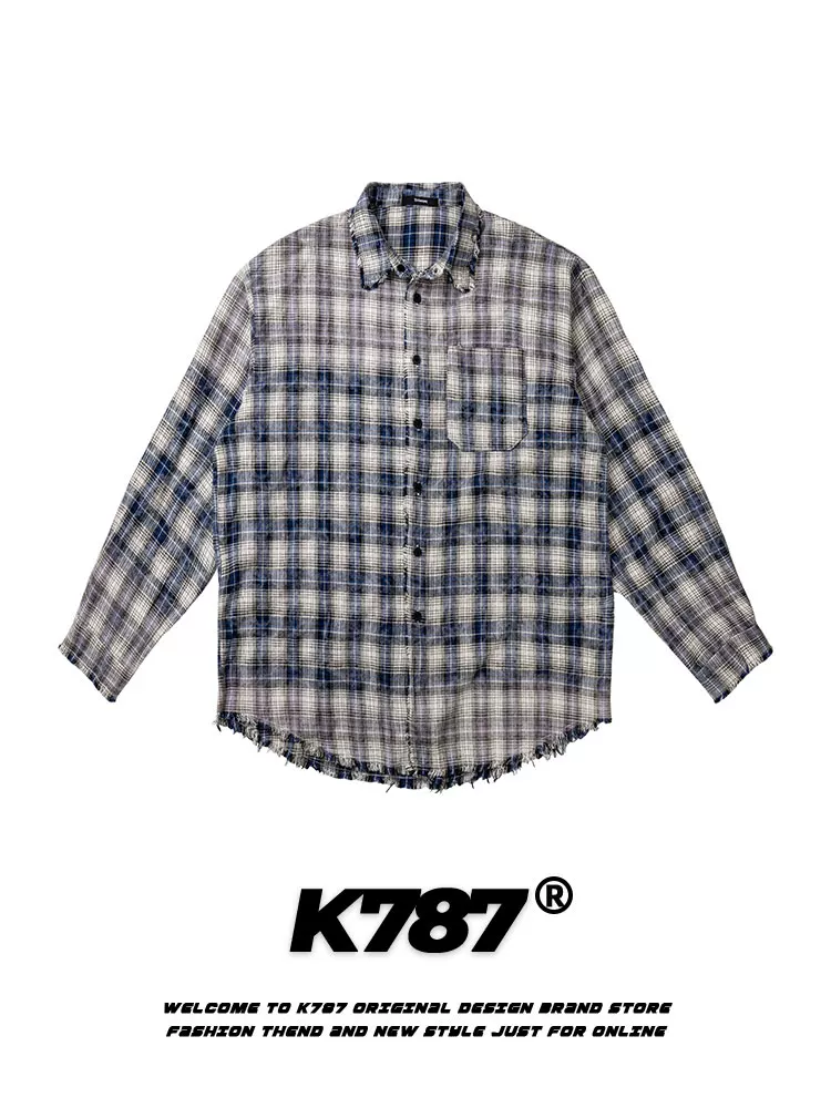 K787 Áo sơ mi dài tay kẻ sọc cổ điển kiểu Mỹ có viền tua rua unisex cổ điển áo khoác đôi