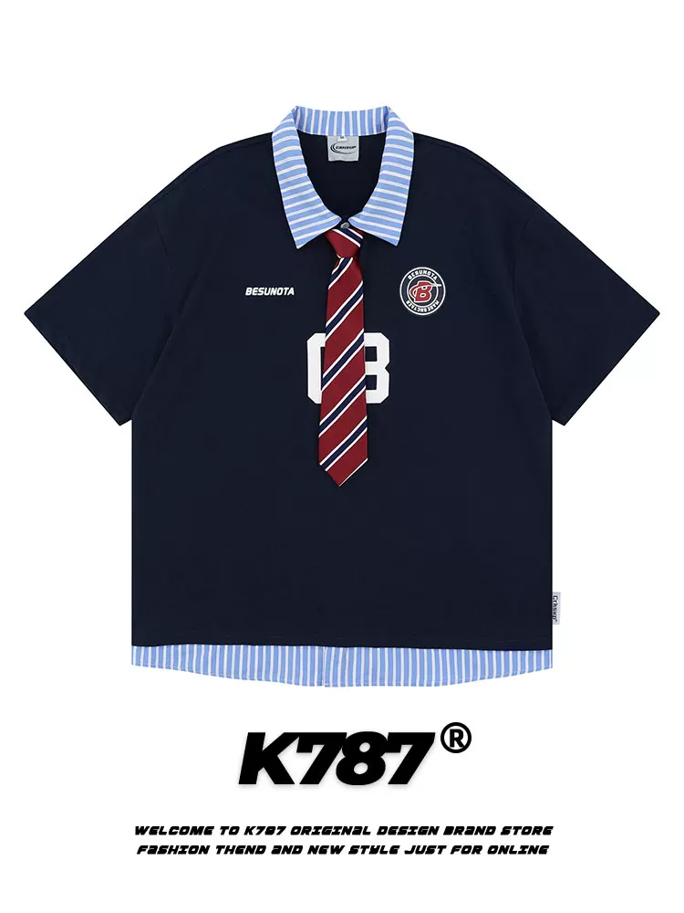 K787 Áo sơ mi POLO giả hai mảnh sọc giả cổ điển kiểu Mỹ dành cho nam và nữ, áo thun ngắn tay phong cách đại học đa năng dành cho cặp đôi