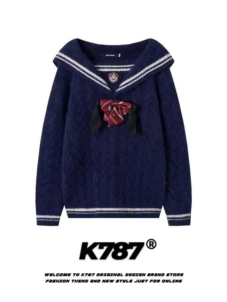 Áo len cổ tròn kiểu Nhật Bản cổ điển K787 dành cho nữ, phong cách vintage sọc, kiểu áo len đại học, áo len đa năng