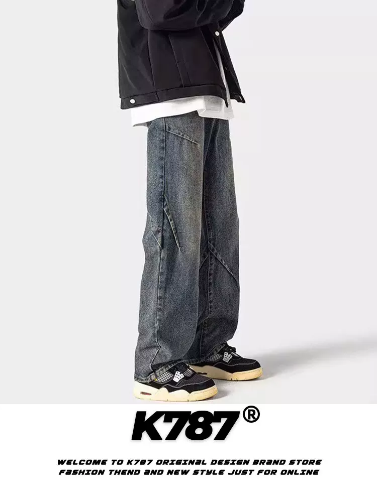 Quần jeans nam K787 kiểu Mỹ cổ điển, xước rách, phối vải, xếp ly, đa năng, cạp cao, dáng rộng, ống thẳng