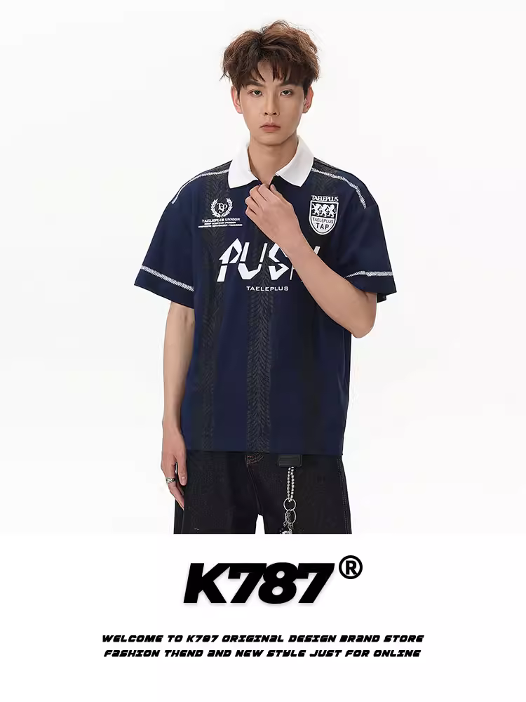 K787 Áo thun polo thể thao phong cách retro Mỹ unisex đường phố blokecore áo thun ngắn tay mùa hè