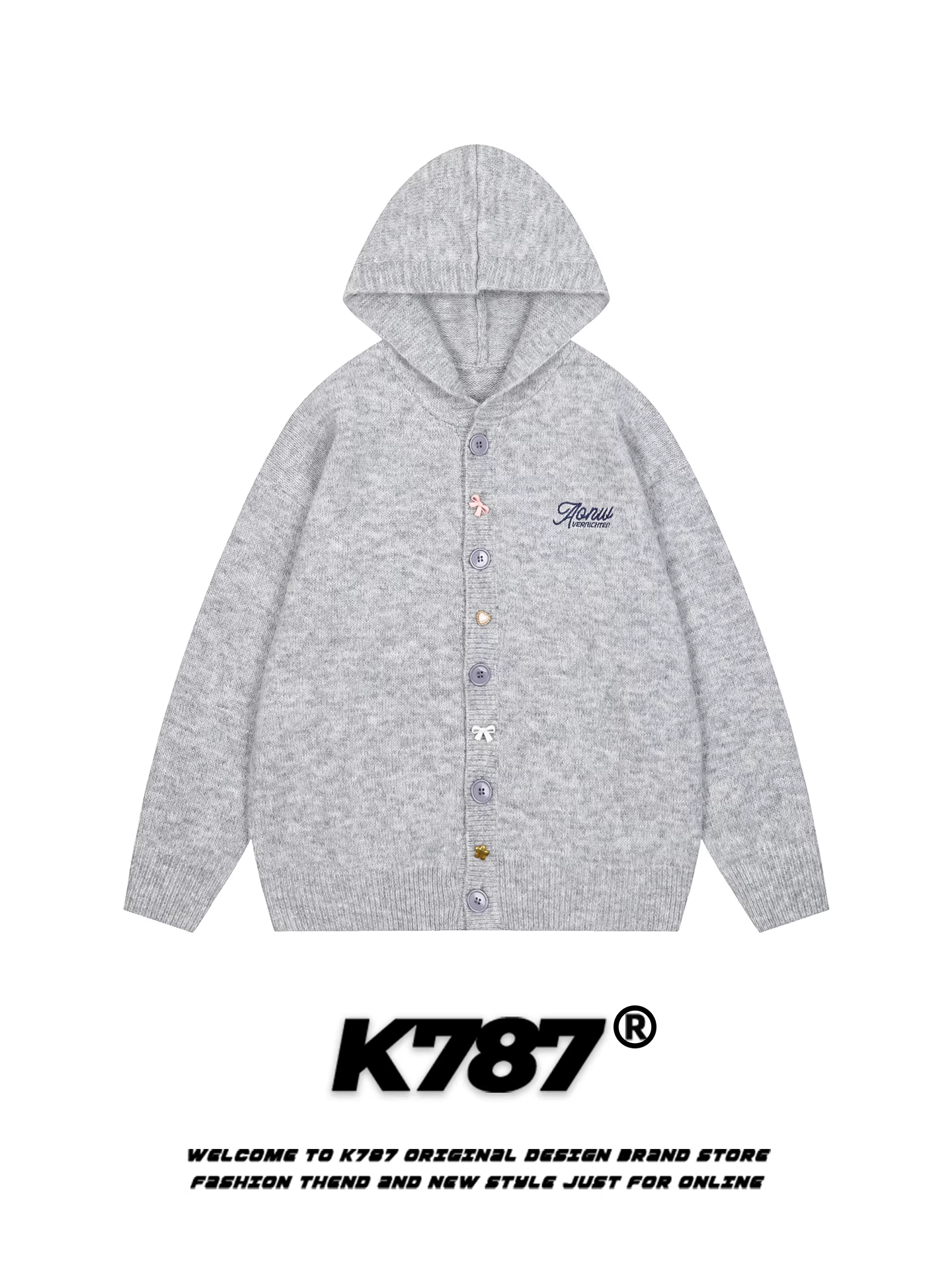 Áo khoác cardigan có mũ thêu chữ kiểu Mỹ cổ điển K787 dành cho nữ, kiểu dáng rộng rãi và thoải mái, mùa thu đông, màu xám, chất liệu len dệt kim