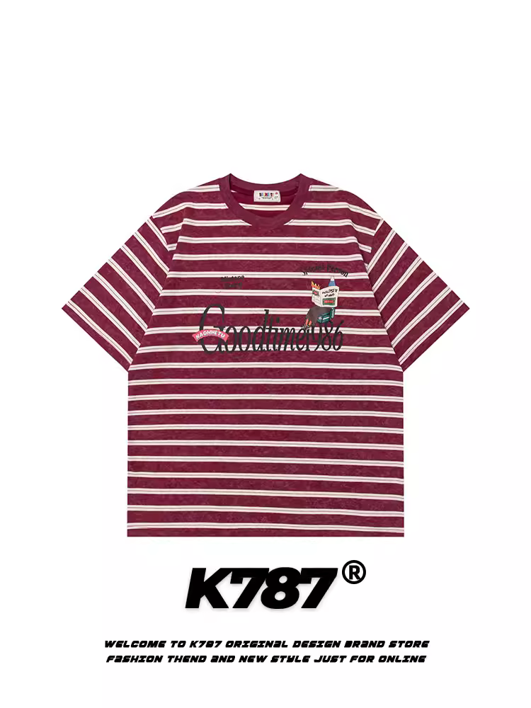 K787 Áo thun ngắn tay thêu sọc cổ điển kiểu Mỹ unisex phong cách đại học áo thun đa năng áo thun cặp đôi mùa hè