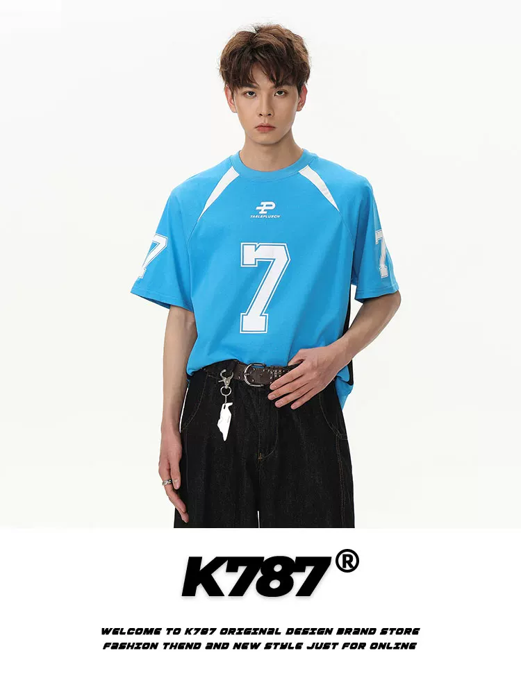 K787 Áo thun ngắn tay phong cách retro đường phố Mỹ phối màu unisex, kiểu dáng rộng rãi, in họa tiết, dành cho cặp đôi, tay lửng