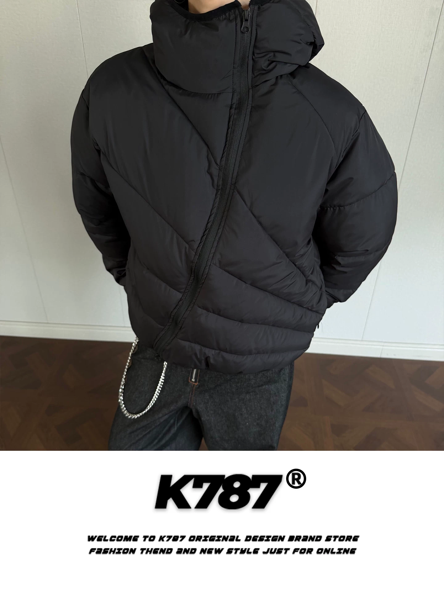 Áo khoác cotton có mũ trùm đầu, khóa kéo chéo, kiểu dáng cổ điển Mỹ K787 dành cho nam, áo khoác cotton dày dặn, ấm áp, kiểu dáng rộng rãi, thoải mái, thích hợp cho cặp đôi.