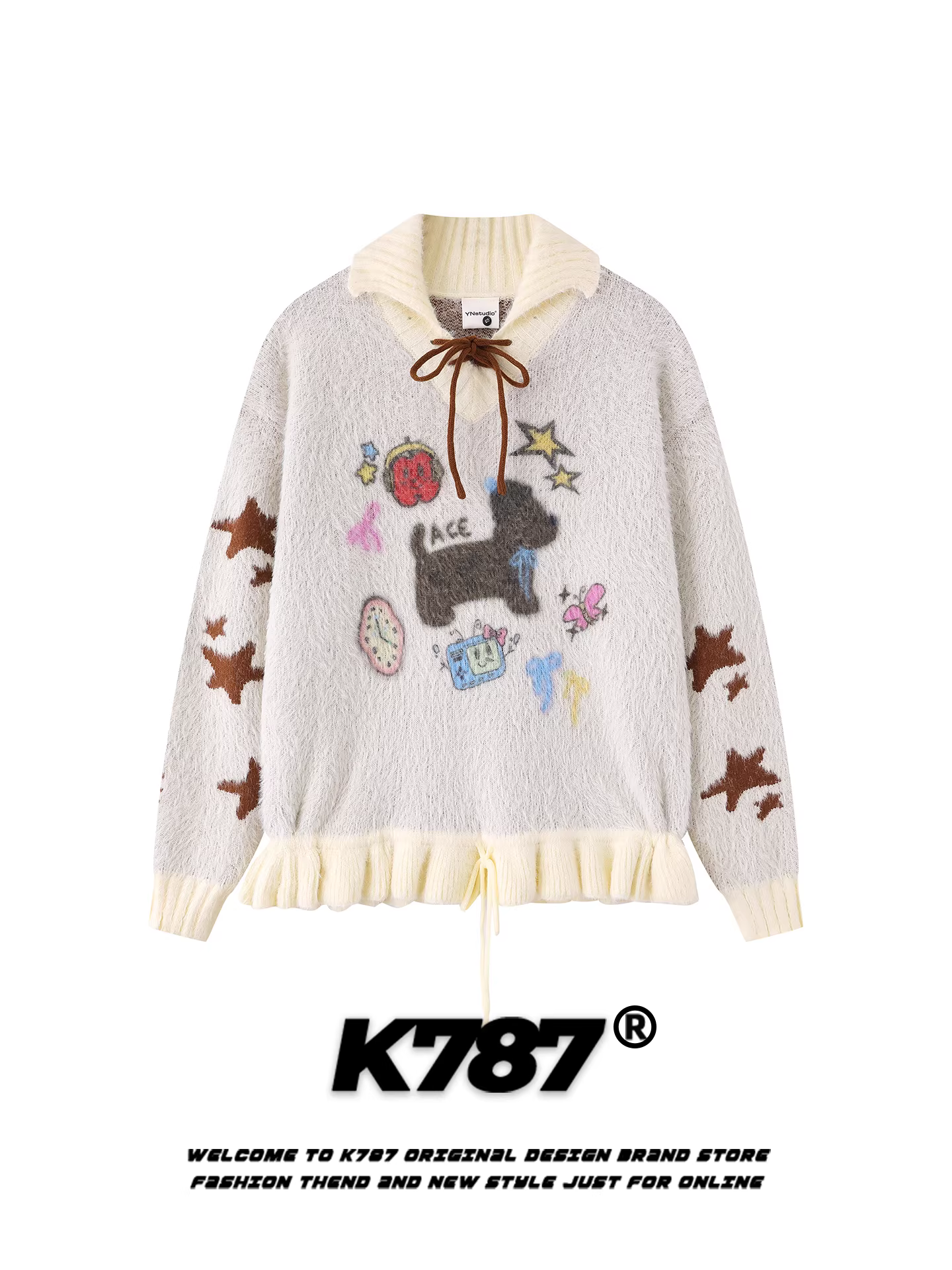 Áo len cổ trụ họa tiết chó hoạt hình cổ điển Mỹ K787 dành cho nữ, có dây buộc, phong cách lười biếng, phối màu, kiểu dáng nhẹ nhàng