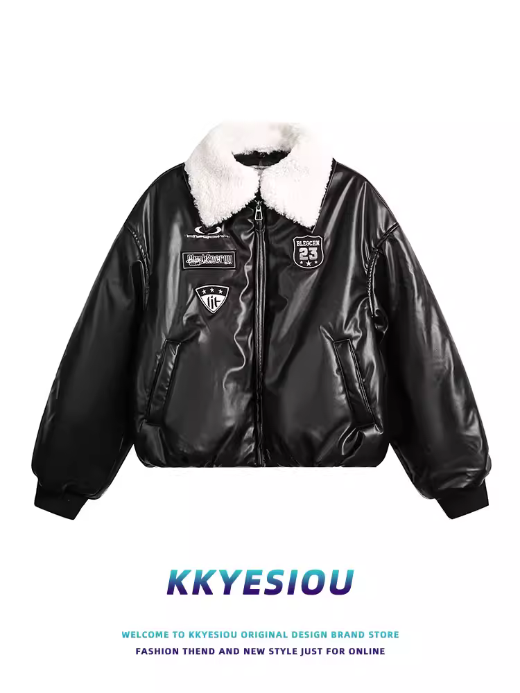 K787 Phong cách retro của Mỹ thương hiệu áo khoác ngắn cổ lông thêu unisex áo khoác da cotton đường phố cao cấp mát mẻ