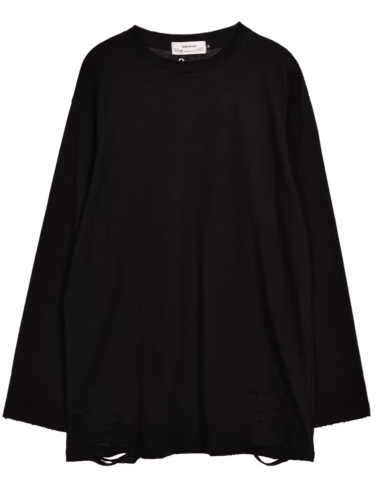 Áo thun dài tay màu trơn kiểu Mỹ cổ điển, thiết kế rách cá tính, unisex, dáng rộng, basic, phong cách y2k