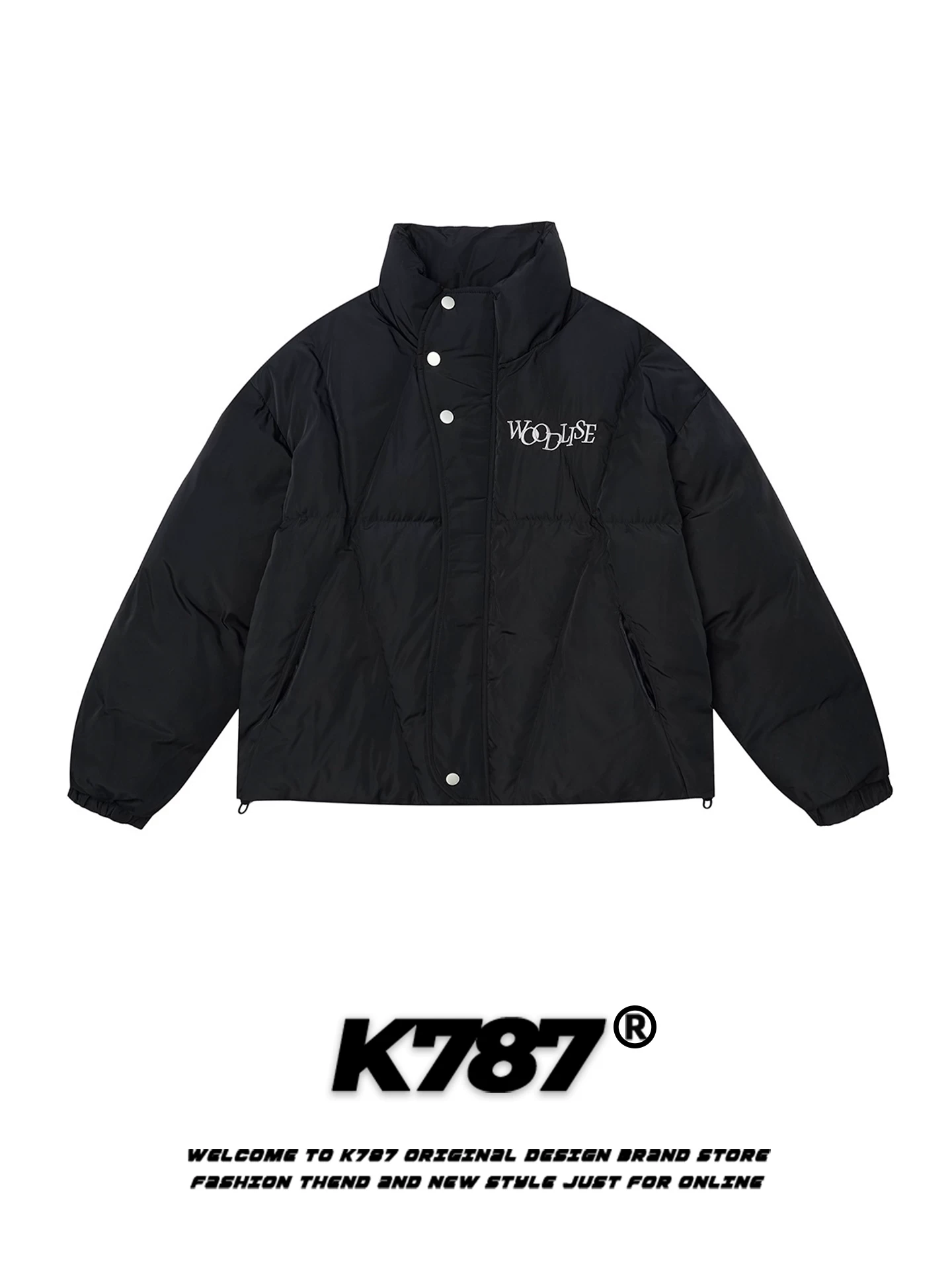 Áo khoác cotton cổ đứng thêu chữ cổ điển Mỹ K787 dành cho nam và nữ, rộng rãi và ấm áp, áo khoác cotton cặp đôi phong cách đại học cho mùa đông.