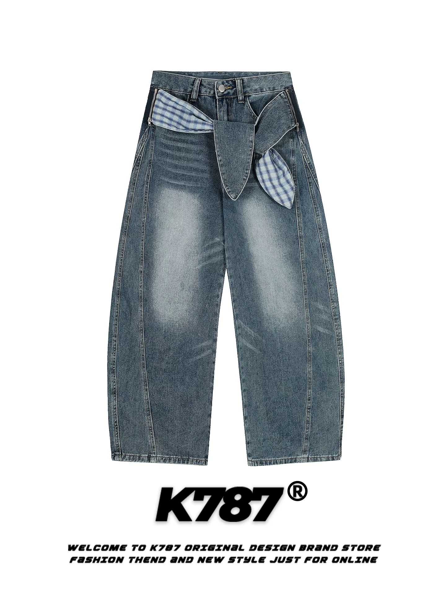 Quần jeans unisex K787 kiểu Mỹ cổ điển thêu chữ, phối vải caro, phối vải vá, cạp cao, ống rộng, đã qua xử lý làm mềm
