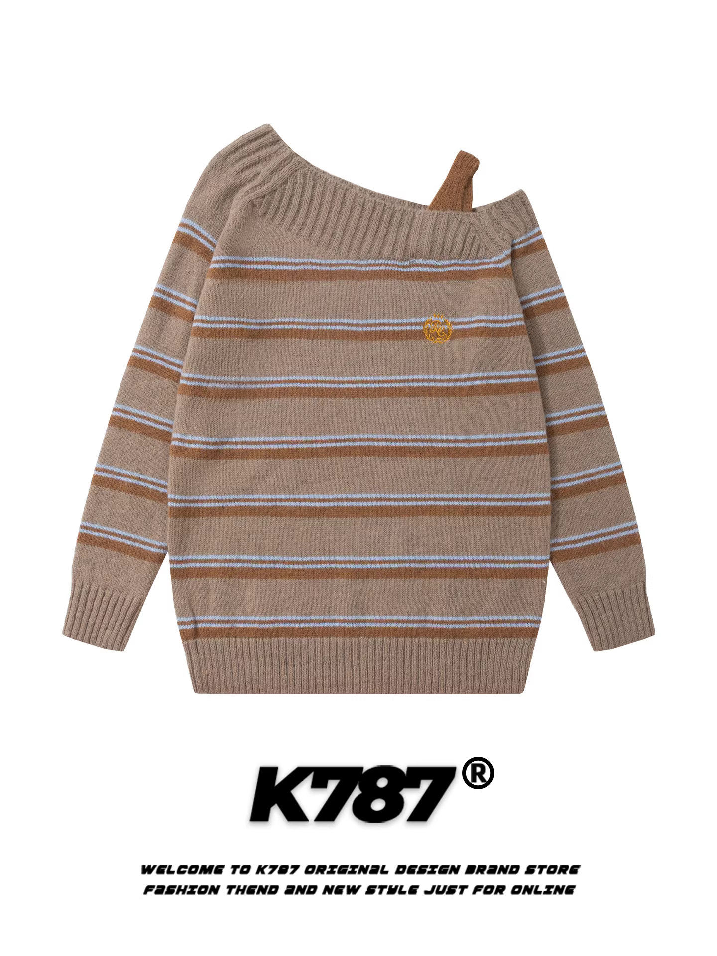 Áo len nữ kiểu Mỹ K787, phối màu sọc, kiểu trễ vai, dáng rộng, tôn dáng, trẻ trung, chất liệu dệt kim.