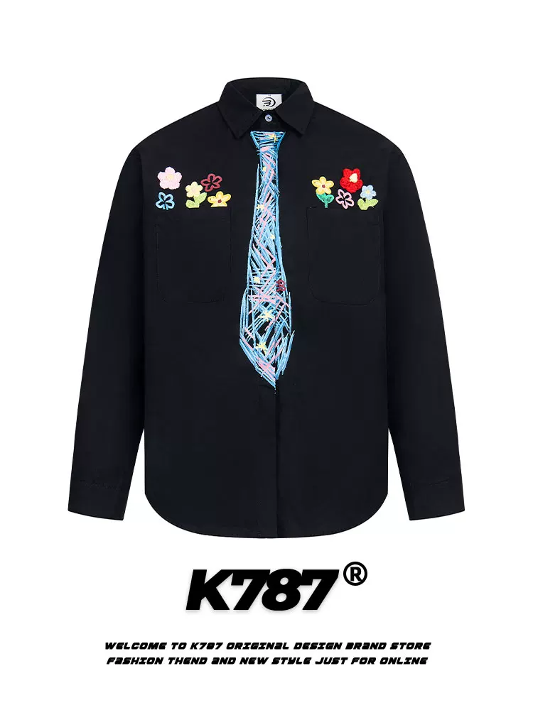 K787 Áo sơ mi dài tay họa tiết graffiti cổ điển kiểu Mỹ dành cho nam và nữ, áo cặp đa năng phong cách đại học vui nhộn