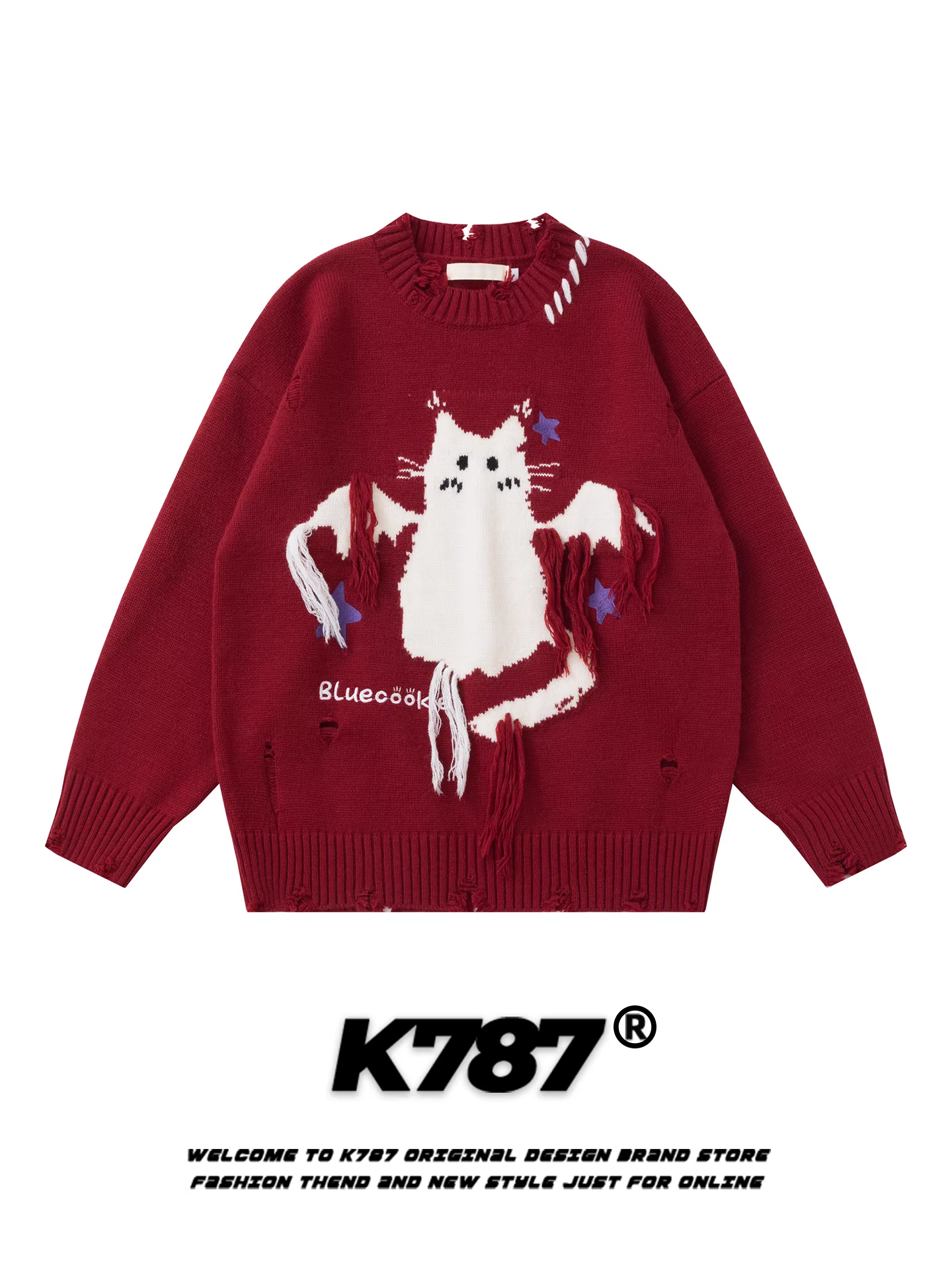 K787 Áo len đục lỗ hình mèo dễ thương kiểu Mỹ cổ tròn dành cho nam và nữ, tạo cảm giác Giáng sinh, áo len chui đầu giảm tuổi tác