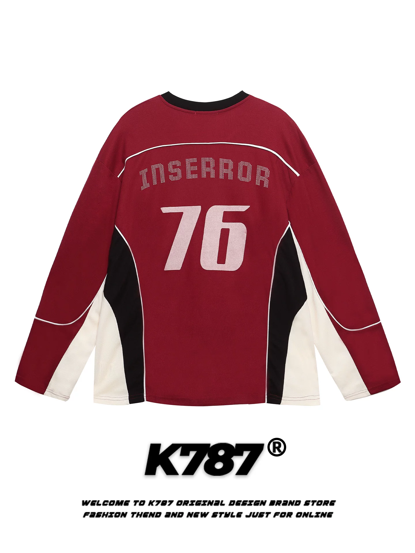 K787 Áo thun dài tay cổ chữ V phối màu theo phong cách retro của Mỹ unisex phong cách thể thao jersey in chữ áo dáng rộng