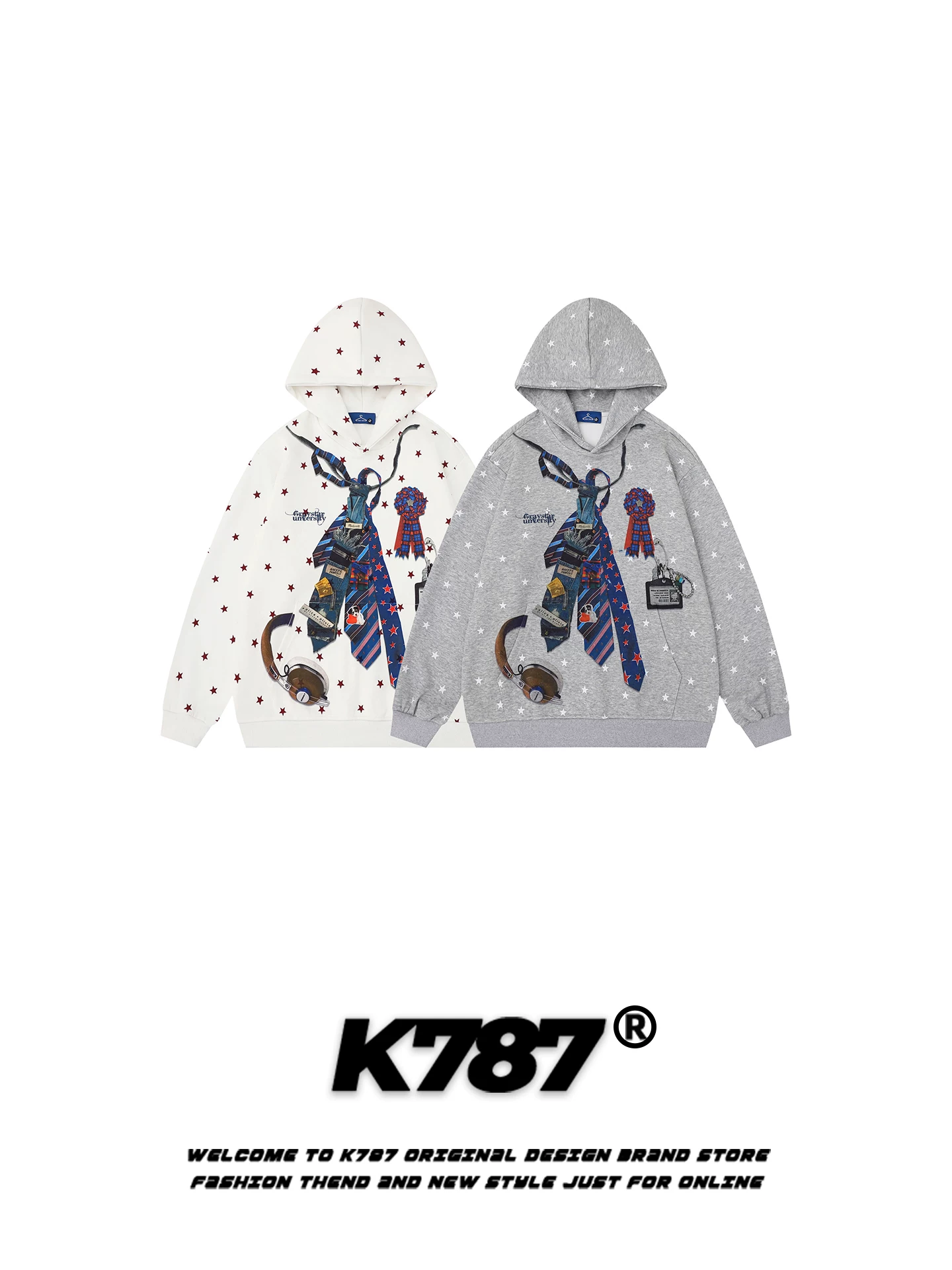 Áo hoodie in họa tiết sao cổ điển Mỹ K787, unisex, thời trang, rộng rãi, thoải mái, dành cho cặp đôi
