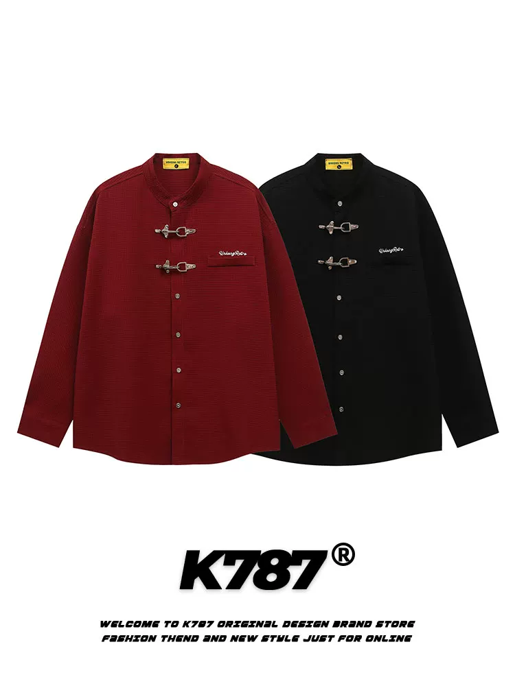 K787 Áo sơ mi dài tay kiểu Trung Quốc kiểu Mỹ cổ điển dành cho nam và nữ áo khoác cặp đôi màu đỏ cổ điển năm hoàng đạo