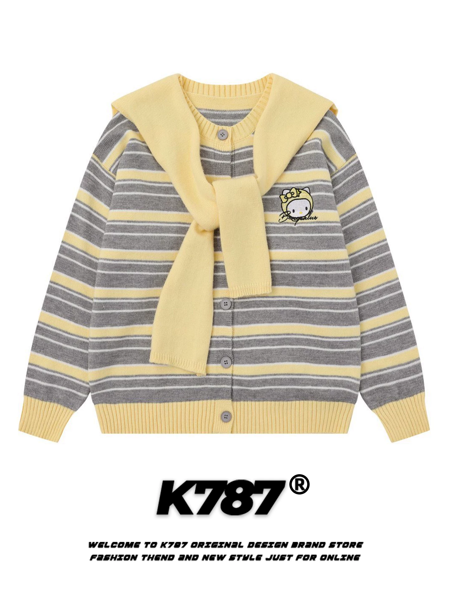 Áo len cardigan kiểu dáng cổ điển Mỹ K787 dành cho nữ, áo len dệt kim sọc rộng rãi, phong cách trường học, thoải mái cho mùa thu.