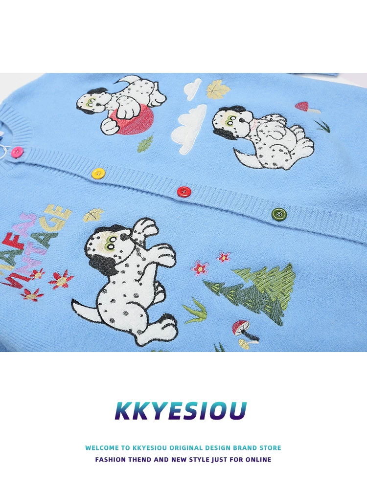 Áo cardigan len dệt kim màu xanh thêu hình chó theo phong cách retro Mỹ, unisex, đa năng, áo khoác cặp đôi