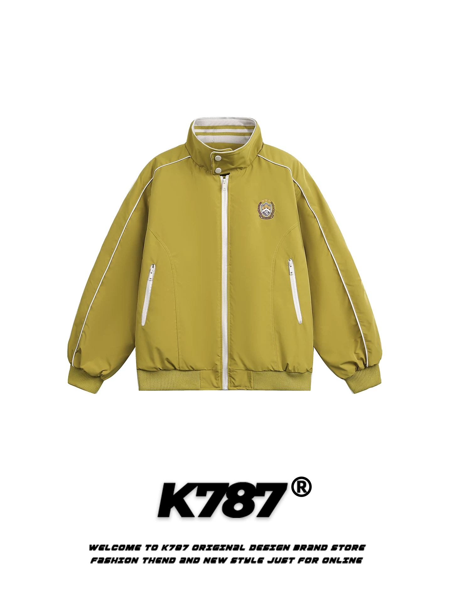 Áo khoác cotton cổ đứng thêu huy hiệu thương hiệu thời thượng kiểu Mỹ K787 dành cho nam và nữ, dáng rộng, ấm áp, phối màu, áo khoác cotton đa năng dành cho cặp đôi.