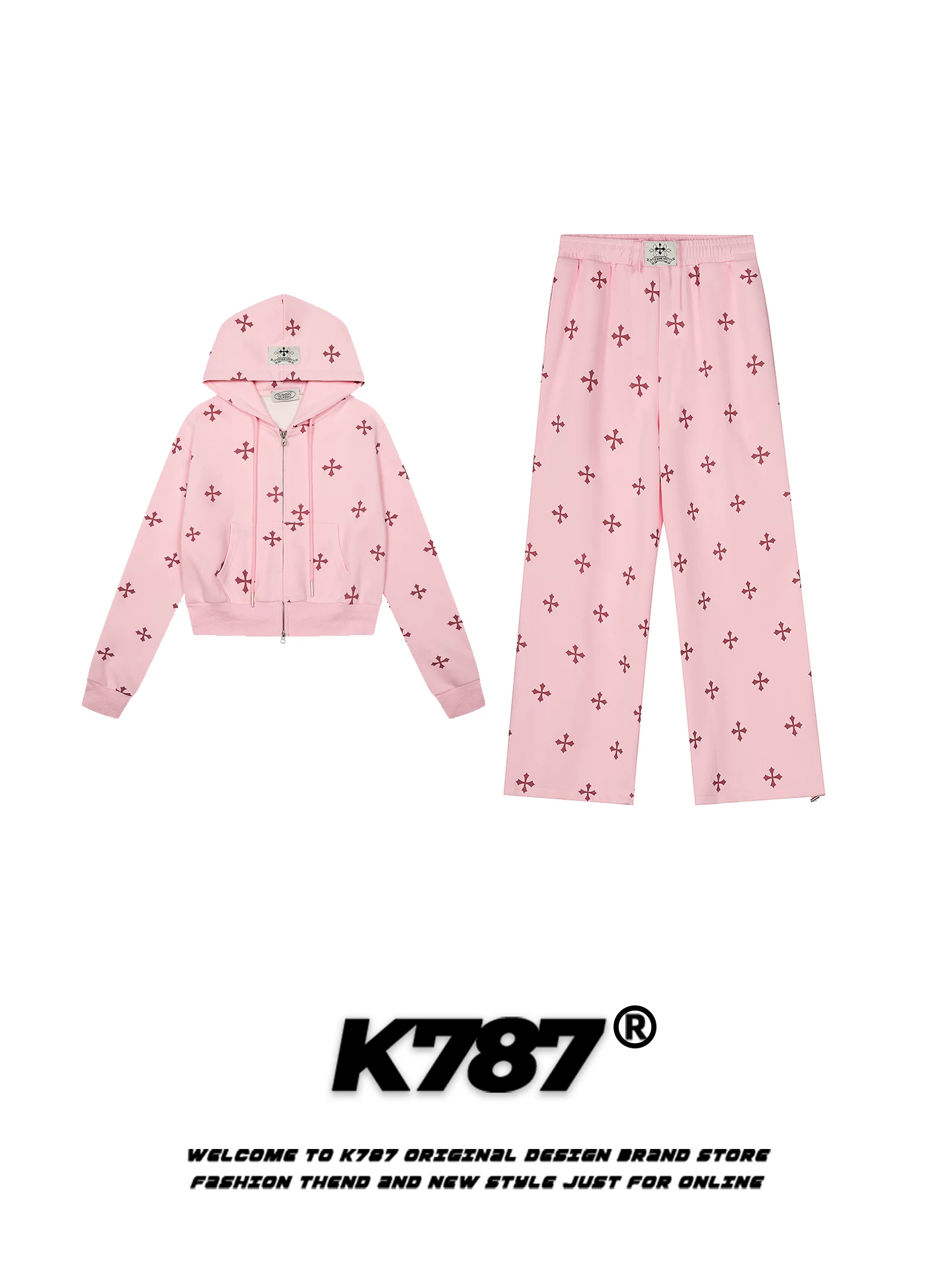 Áo hoodie ngắn màu xanh Klein K787 dành cho nữ, quần thể thao ống rộng dáng thẳng, phong cách thể thao trẻ trung, năng động