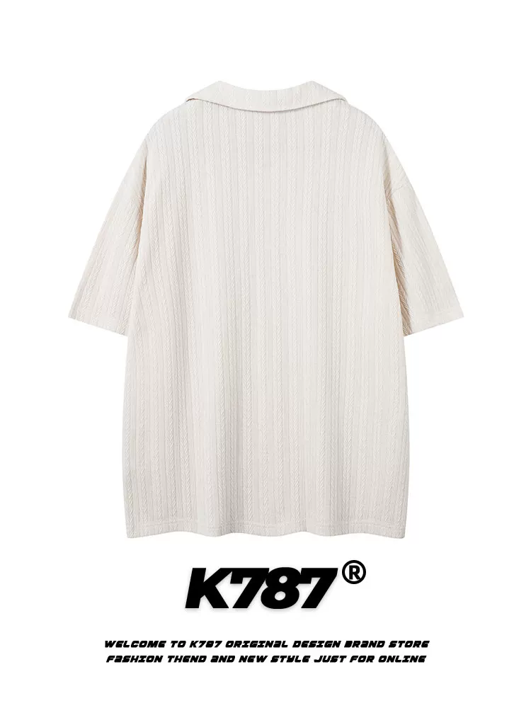 K787 Áo sơ mi POLO họa tiết tối màu phong cách retro Mỹ dành cho nam và nữ, áo thun ngắn tay cổ chữ V đa năng, dáng rộng, phong cách đường phố