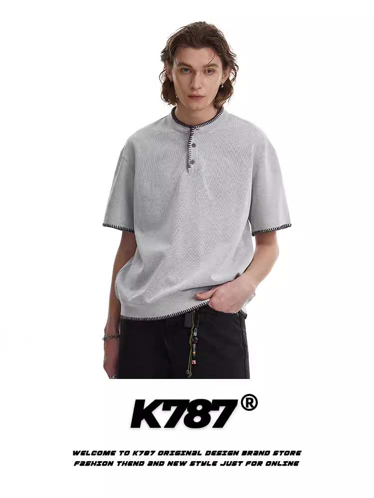 K787 Áo thun ngắn tay cổ đứng phong cách retro Mỹ cleanfit dành cho nam và nữ áo ngắn giản dị cleanfit