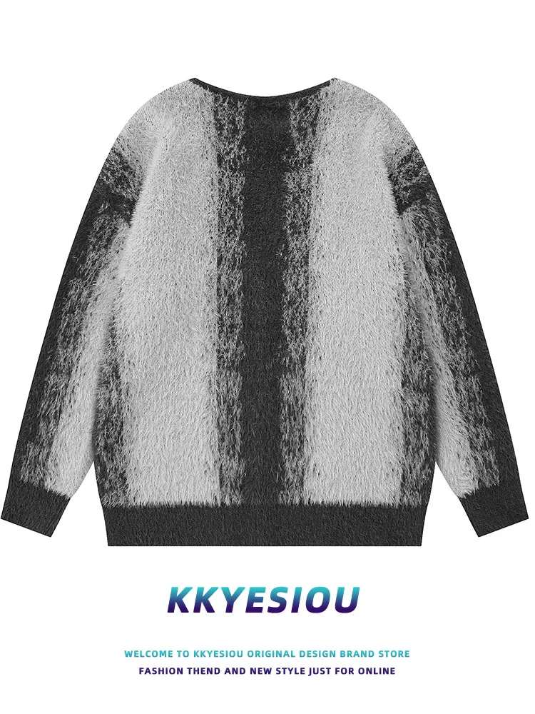 Áo len dáng rộng cổ V phong cách retro Mỹ, chất liệu lông cá ngựa, kiểu dáng thoải mái, unisex, thiết kế thời trang.